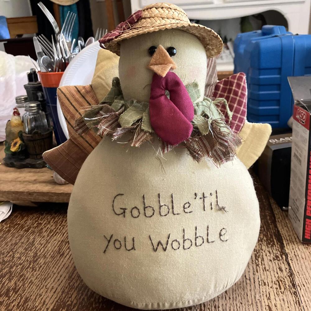 Vintage Turkey Doorstop Gobble Til You Wobble Fall Thanksgiving Decor Fabric